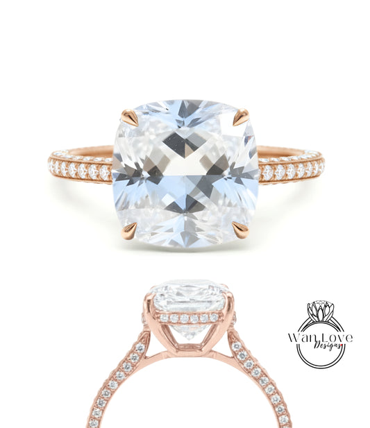 White Sapphire & Diamond Cushion 3 sided Band Celebrity Style Engagement Ring Custom 14k 18k White Yellow Rose Gold Platinum Wedding Anniversary Bridal Gift