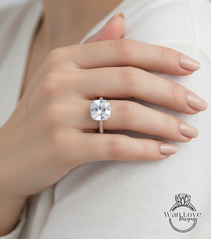 White Sapphire & Diamond Cushion 3 sided Band Celebrity Style Engagement Ring Custom 14k 18k White Yellow Rose Gold Platinum Wedding Anniversary Bridal Gift