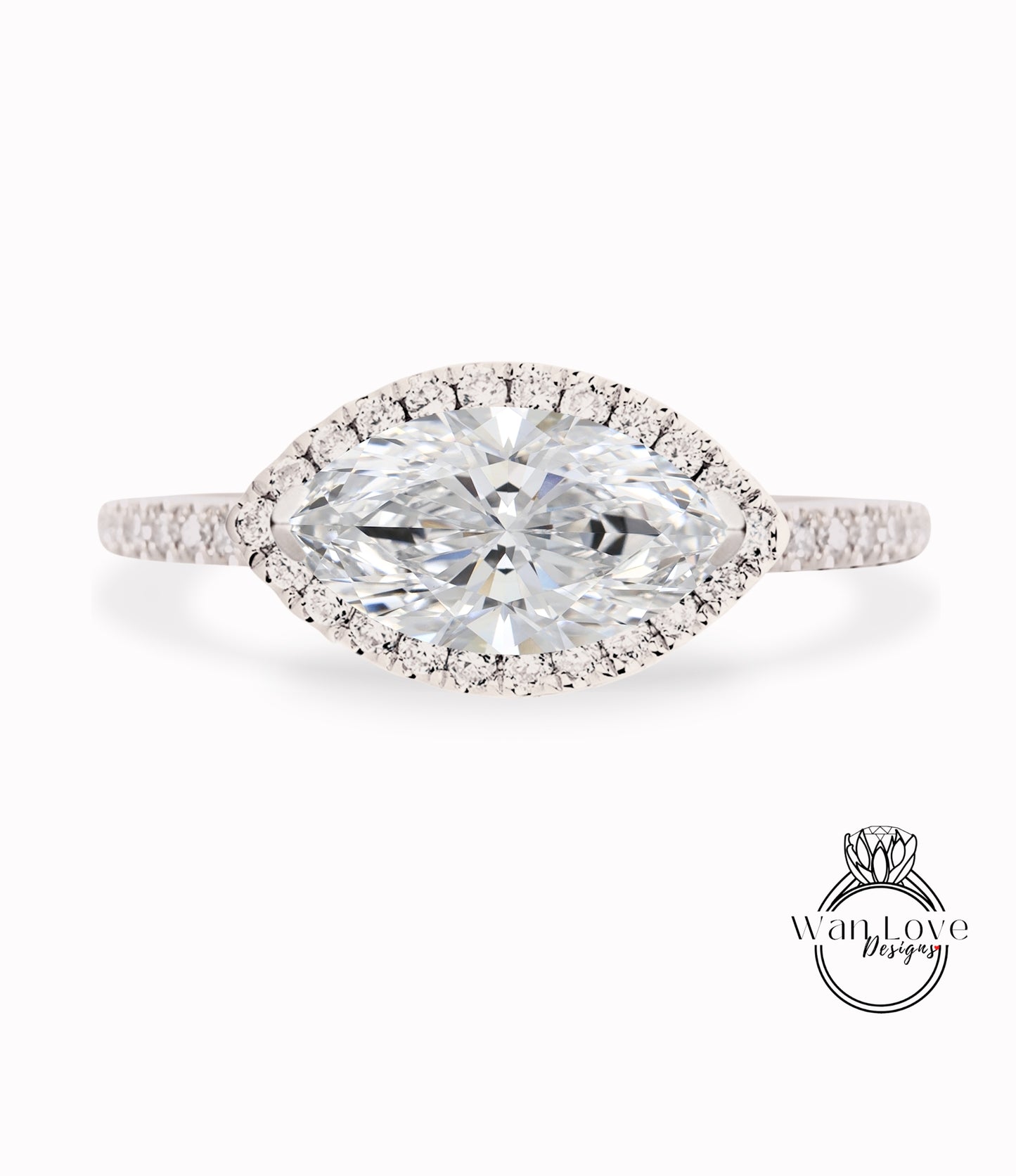 East West Moissanite Diamond Marquise Halo Engagement Ring Cathedral 14k 18k White Yellow Rose Gold Platinum