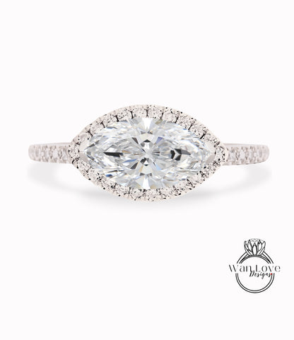 East West Moissanite Diamond Marquise Halo Engagement Ring Cathedral 14k 18k White Yellow Rose Gold Platinum