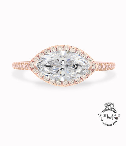 East West Moissanite Diamond Marquise Halo Engagement Ring Cathedral 14k 18k White Yellow Rose Gold Platinum