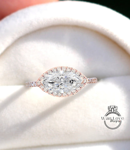 East West Moissanite Diamond Marquise Halo Engagement Ring Cathedral 14k 18k White Yellow Rose Gold Platinum
