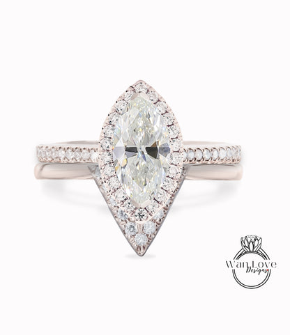 Anello di fidanzamento con diamante taglio marquise con set di anelli in oro rosa con diamanti certificati Halo, set da sposa con fede nuziale a mezza eternità con V profondo