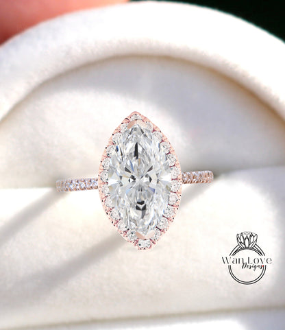 Anello di fidanzamento con diamante da laboratorio con taglio marquise, anello aureola, anello con diamante certificato vintage, anello in oro rosa, anello art deco, anello di promessa, regalo per l'anniversario