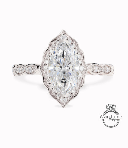 Vintage Marquise cut diamond halo engagement ring scalloped lab diamond halo ring rose gold ring art deco ring promise ring anniversary gift