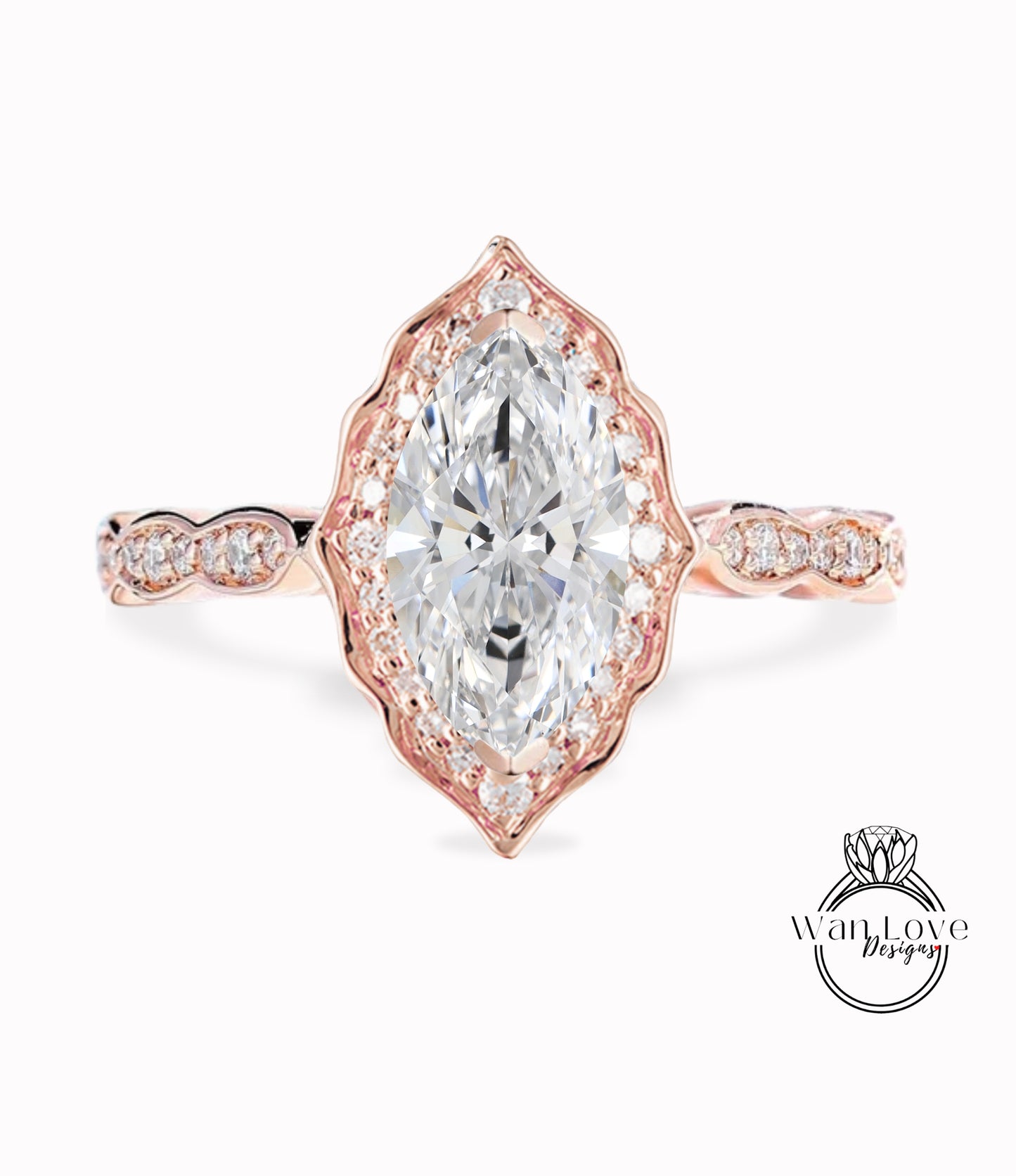 Vintage Marquise cut diamond halo engagement ring scalloped lab diamond halo ring rose gold ring art deco ring promise ring anniversary gift