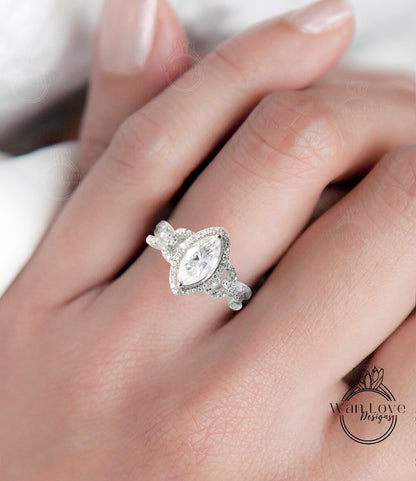 Vintage Moissanite & Diamonds Halo Marquise Cut Engagement Ring antique split shank 1ct Moissanite ring art deco 14k White Gold diamond halo bridal ring