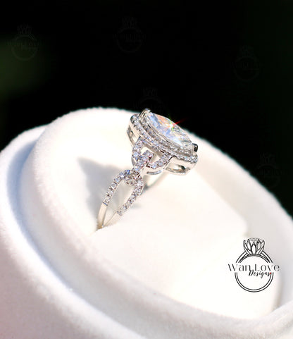 Vintage Moissanite & Diamonds Halo Marquise Cut Engagement Ring antique split shank 1ct Moissanite ring art deco 14k White Gold diamond halo bridal ring