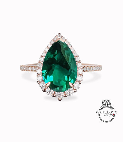 Antico anello di fidanzamento con smeraldo a forma di pera vintage Art deco Anello unico in oro bianco Anello di promessa di matrimonio con alone di diamanti Anello anniversario