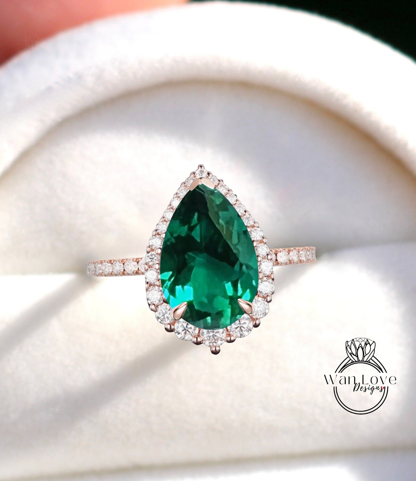 Antique Pear shaped Emerald engagement ring vintage Art deco Unique ring white gold Diamond halo wedding promise ring Anniversary ring