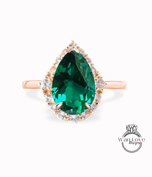 Emerald Diamond Graduated Halo Pear Engagement Ring Plain Shank Custom-14k 18k White Yellow Rose Gold-Platinum-Wedding