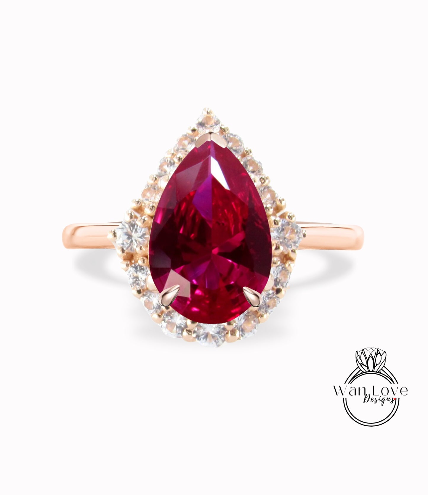 Pear cut Ruby engagement ring rose gold vintage tapered diamond graduated halo bridal ring antique wedding promise anniversary ring