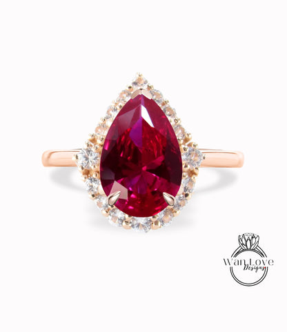 Pear cut Ruby engagement ring rose gold vintage tapered diamond graduated halo bridal ring antique wedding promise anniversary ring