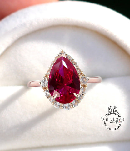 Pear cut Ruby engagement ring rose gold vintage tapered diamond graduated halo bridal ring antique wedding promise anniversary ring