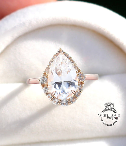 Anello di fidanzamento Halo graduato con diamante zaffiro bianco Pera con gambo semplice Personalizzato-14k 18k Bianco Giallo Oro rosa-Platino-Nozze