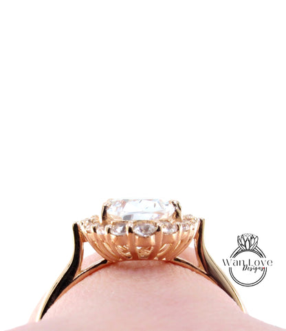 Anello di fidanzamento Halo graduato con smeraldo e diamante, 14k 18k bianco giallo oro rosa-platino-matrimonio personalizzato