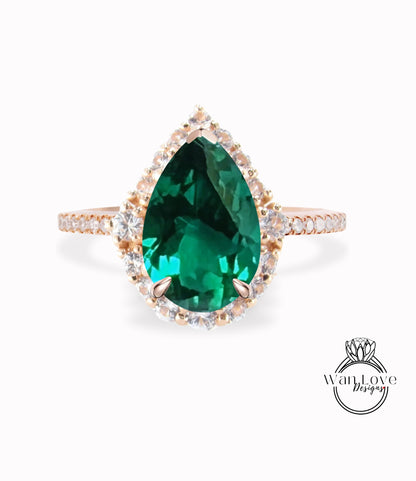 Anello di fidanzamento Halo graduato con smeraldo e diamante, 14k 18k bianco giallo oro rosa-platino-matrimonio personalizzato
