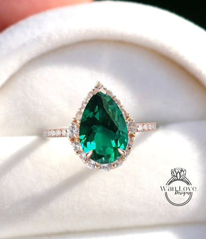 Emerald & Diamond Pear Graduated Halo Engagement Ring, 14k 18k White Yellow Rose Gold-Platinum-Custom-Wedding