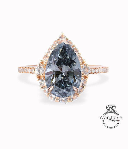 Gray Moissanite & Diamond Graduated Halo Pear Engagement Ring, 14k 18k White Yellow Rose Gold Platinum Custom, WanLoveDesigns