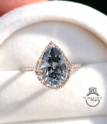 Gray Moissanite & Diamond Graduated Halo Pear Engagement Ring, 14k 18k White Yellow Rose Gold Platinum Custom, WanLoveDesigns