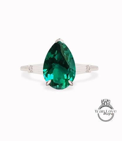 Emerald Moissanite Pear Tapered Baguette Engagement Ring, 3 Gem Stone, Custom-14k 18k White Yellow Rose Gold-Platinum-Wedding,WanLoveDesigns