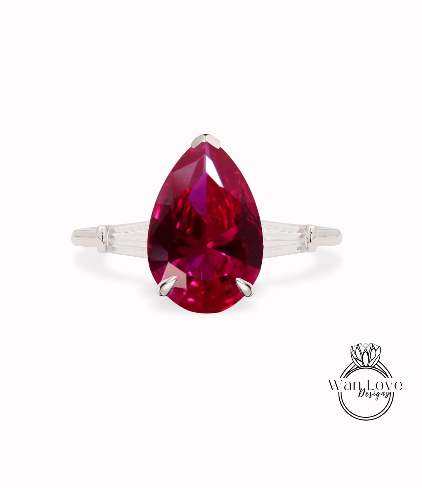 Ruby & Moissanite Pear Tapered Baguette Engagement Ring, 3 Gem Stone, Custom-14k 18k White Yellow Rose Gold-Platinum-Wedding, WanLoveDesigns
