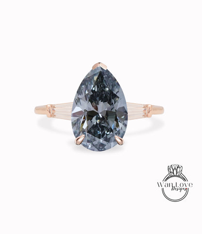 Grey Moissanite Pear Tapered Baguette Engagement Ring 3 Gem stone Custom,Wedding,14k 18k Gold,Platinum,Anniversary, WanLoveDesigns