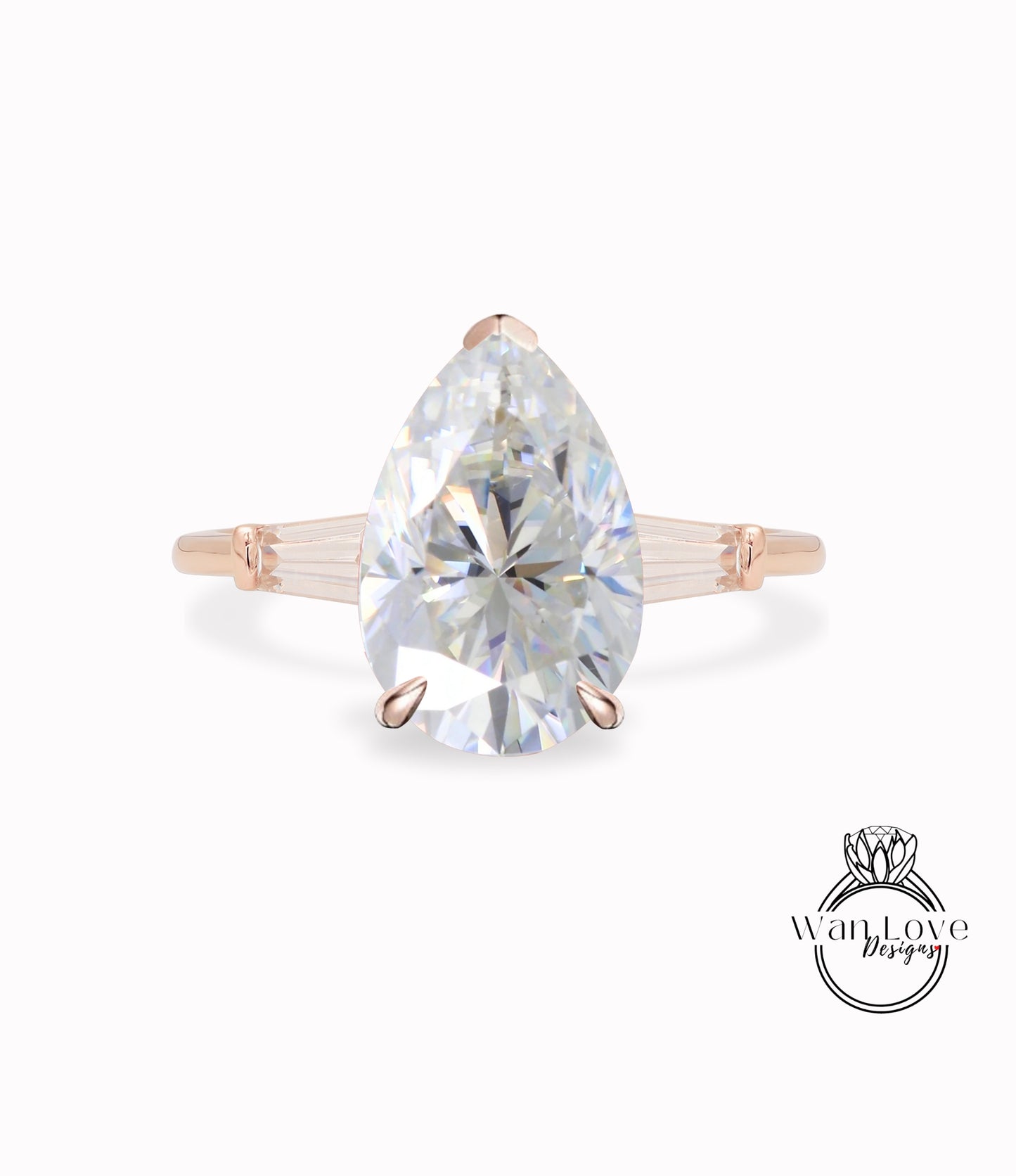 Anello di fidanzamento baguette affusolato con pera Moissanite, 3 pietre preziose, matrimonio personalizzato-14k 18k bianco giallo oro rosa-platino, WanLoveDesigns