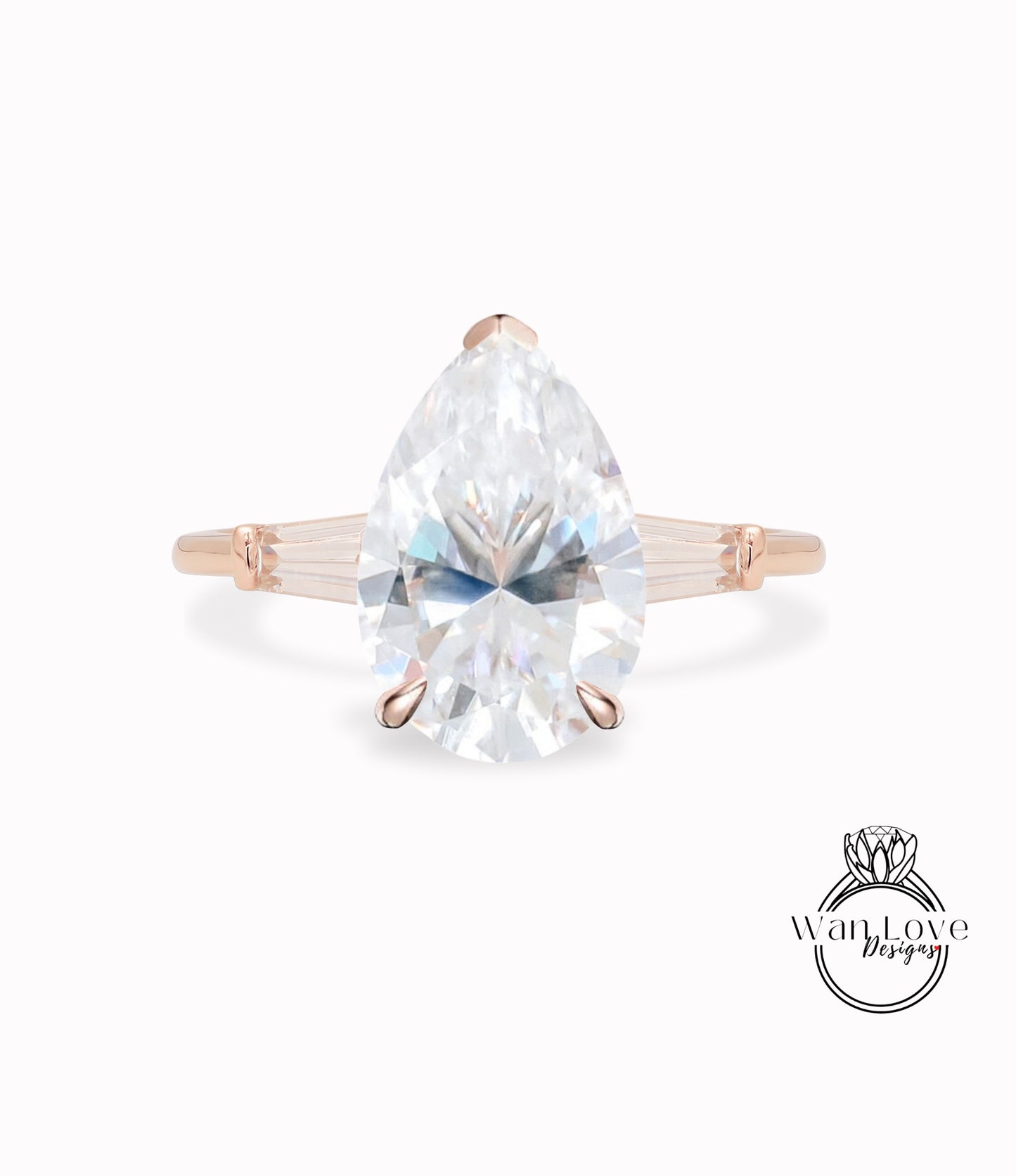 White Sapphire Moissanite Pear Tapered Baguette Engagement Ring 3 Gem, Custom-14k 18k Gold-Platinum-Wedding, WanLoveDesigns
