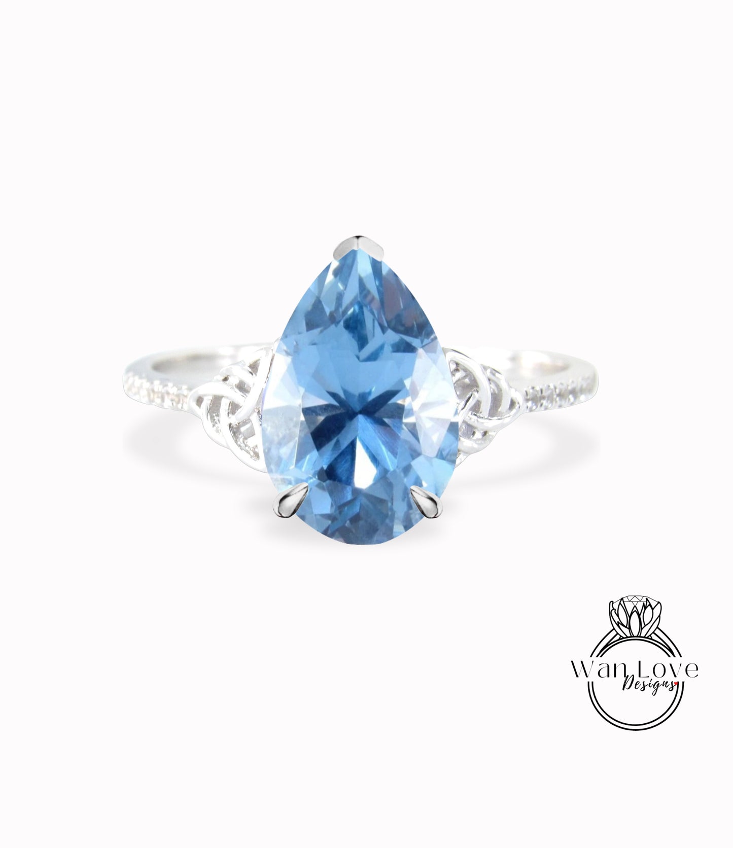 Aquamarine Spinel Diamond Celtic Knot Pear Engagement Ring, Custom,14k 18k White Yellow Rose Gold,Platinum,Wedding,Gift, WanLoveDesigns