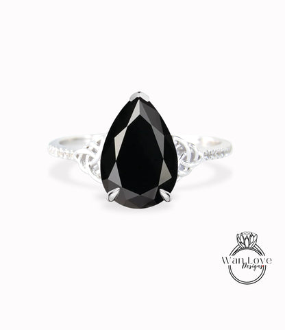 Celtic Knot Black Spinel Pear Engagement Ring 14K white gold diamond half eternity engagement ring wedding Bridal Anniversary Promise ring