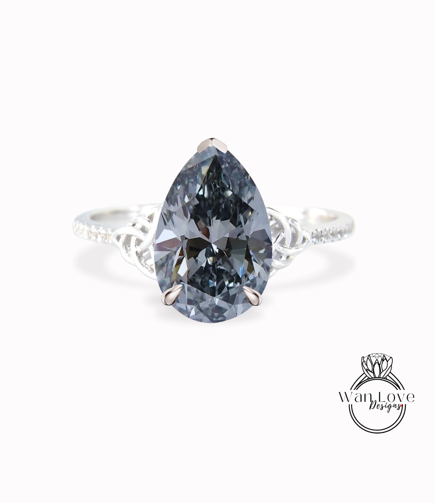 Anello di fidanzamento con nodo celtico con pera di diamanti e Moissanite grigia, personalizzato, oro rosa giallo bianco 14k-18k, platino, regalo di anniversario, WanLoveDesigns