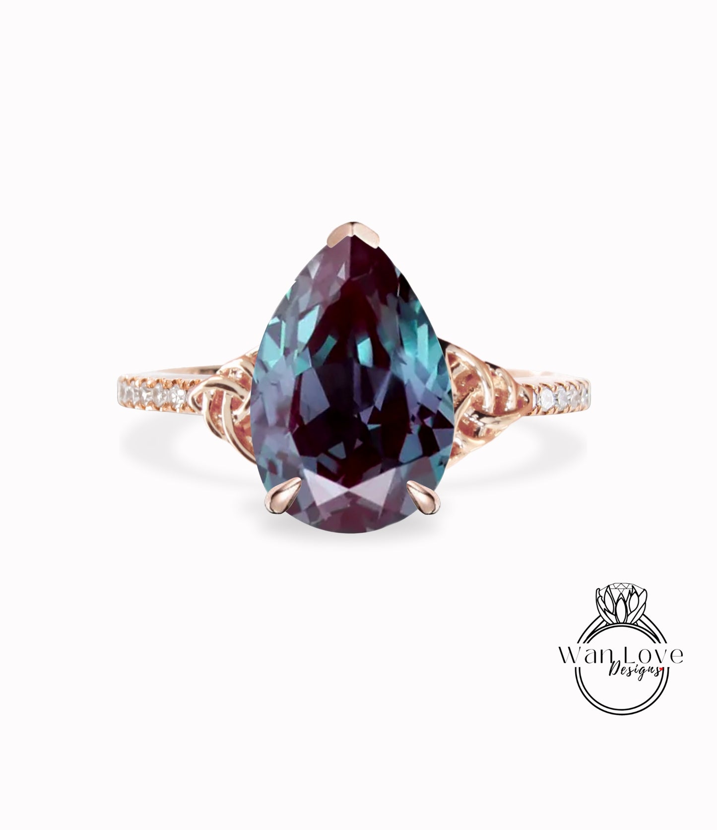 Alexandrite & Diamond Pear Celtic Knot Engagement Ring, Custom-14k 18k Gold-Platinum, Wedding, Anniversary Gift, WanLoveDesigns