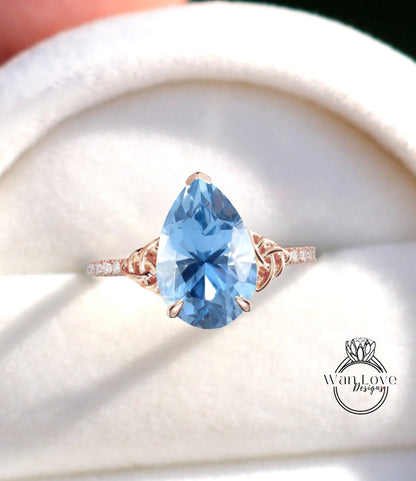 Aquamarine Spinel Diamond Celtic Knot Pear Engagement Ring, Custom,14k 18k White Yellow Rose Gold,Platinum,Wedding,Gift, WanLoveDesigns
