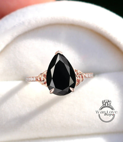 Celtic Knot Black Spinel Pear Engagement Ring 14K white gold diamond half eternity engagement ring wedding Bridal Anniversary Promise ring