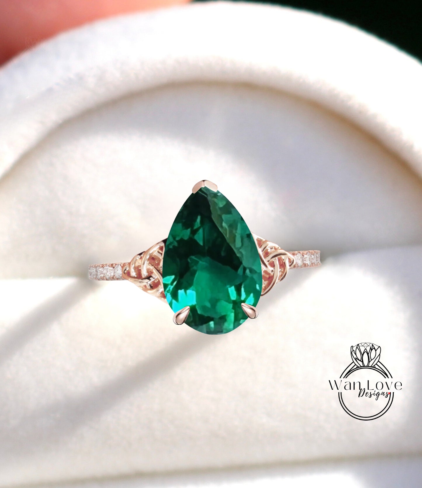 Celtic Knot Emerald Pear Engagement Ring 14K white gold diamond half eternity engagement ring wedding Bridal Anniversary Promise ring