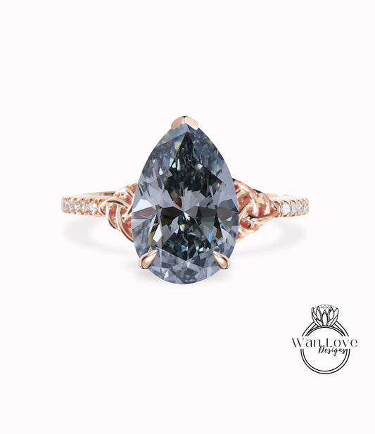 Gray Moissanite & Diamond Pear Celtic Knot Engagement Ring, Custom, 14k-18k-White Yellow Rose Gold, Platinum,Anniversary Gift,WanLoveDesigns