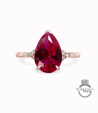 Anello di fidanzamento con pera e rubino vintage unico Cluster Anello di fidanzamento in oro rosa da donna Matrimonio con diamante rotondo Anniversario art deco nuziale