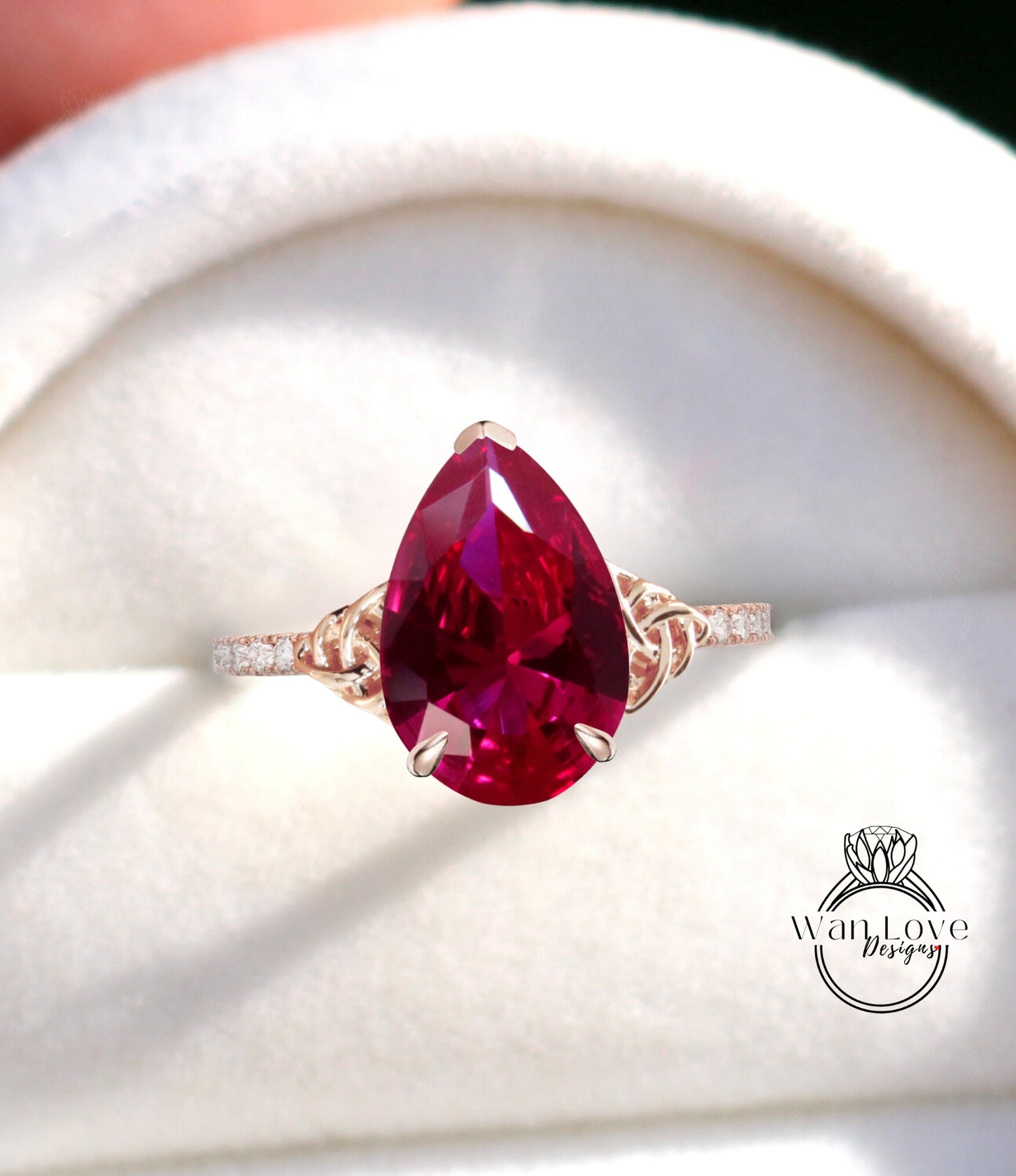 Celtic Knot Ruby Pear Engagement Ring 14K white gold diamond half eternity engagement ring wedding Bridal Anniversary Promise ring