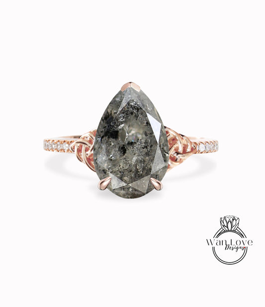 Salt And Pepper Diamond Pear Ring, Salt And Pepper Diamond Celtic knot Engagement Ring, Vintage Pear Ring, Raw Diamond Ring, Wedding gift