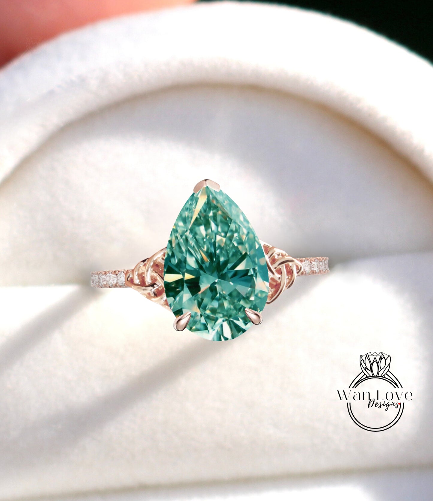 Celtic Knot Blue Moissanite & Diamond Pear Engagement Ring Celtic Moissanite diamond half eternity ring Pear Bridal promise Anniversary Ring