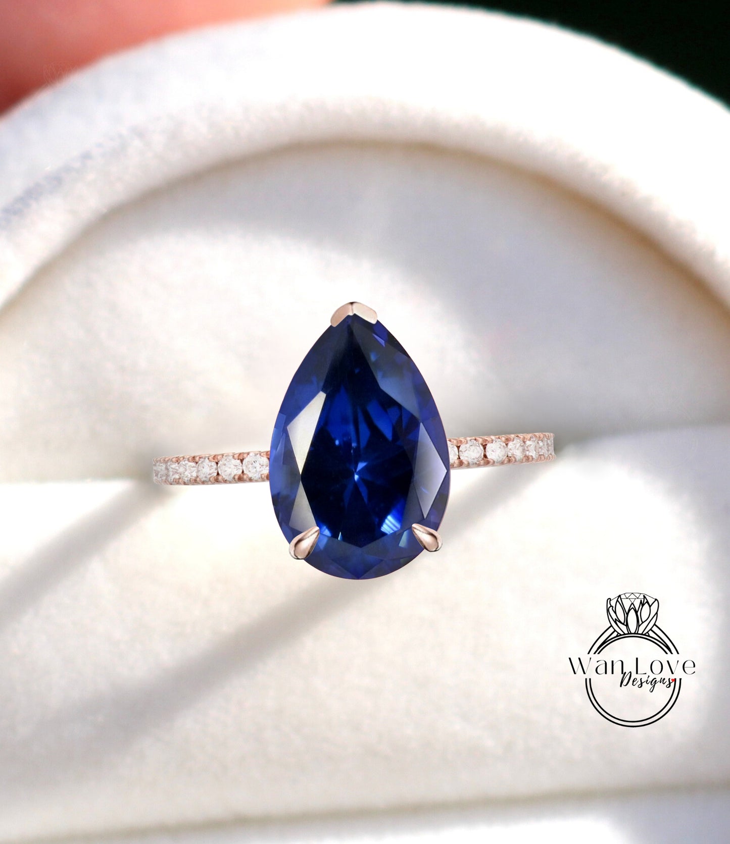 Anello di fidanzamento con alone laterale con zaffiro blu e diamanti, Cattedrale di cesto, Oro 14kt 18kt-Platino-Anniversario di matrimonio personalizzato,WanLoveDesigns