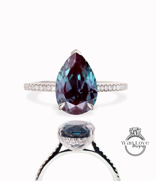 Alexandrite & Diamond Pear Side Halo Engagement Ring, Basket Cathedral, 14kt 18kt Gold-Platinum-Custom-Weding,WanLoveDesigns