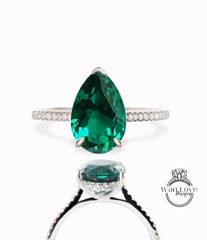 Emerald & Diamond Pear Side Halo Half Eternity Halfway Engagement Ring, Custom, 14k 18k White  Rose Gold, Platinum, Wedding, WanLoveDesigns