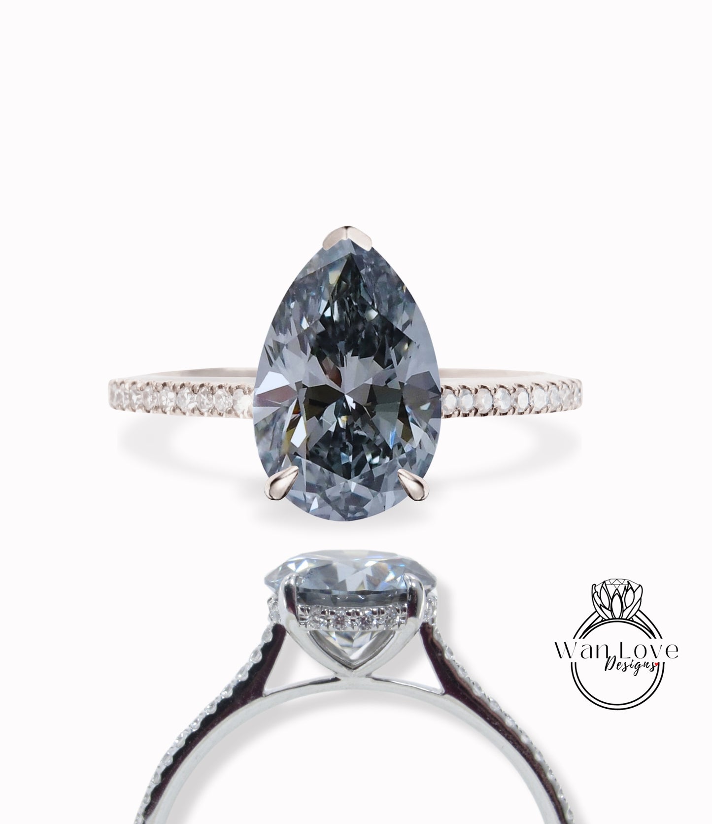 Gray Moissanite & Diamond Pear Side Halo Engagement Ring, Drop Cut, Basket Cathedral, Custom, 14kt 18kt Gold, Platinum, WanLoveDesigns