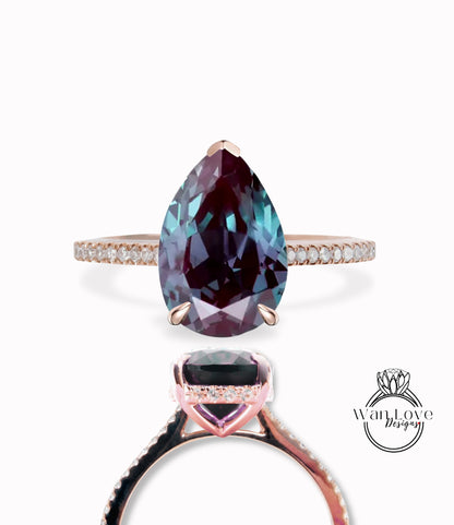 Alexandrite & Diamond Pear Side Halo Engagement Ring, Basket Cathedral, 14kt 18kt Gold-Platinum-Custom-Weding,WanLoveDesigns