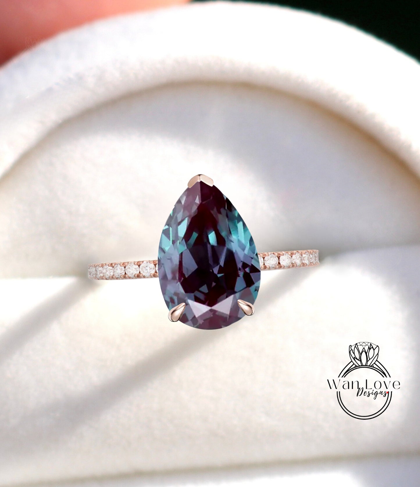 Alexandrite Diamond Pear Side Halo Half Eternity Halfway Engagement Ring, Custom, 14kt 18kt Gold, Platinum, Wedding, WanLoveDesigns