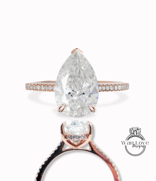 Pear cut Diamond Engagement Ring, 2Ct Pear Lab Diamond engagement ring, Certified diamond hidden halo ring, IGI lab Diamond Ring for her