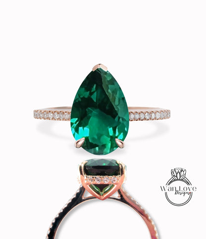 Emerald & Diamond Pear Side Halo Half Eternity Halfway Engagement Ring, Custom, 14k 18k White  Rose Gold, Platinum, Wedding, WanLoveDesigns