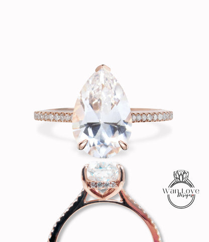 Pear cut White Sapphire engagement ring Moissanite prong ring rose gold half eternity micropave diamond halo ring art deco ring promise